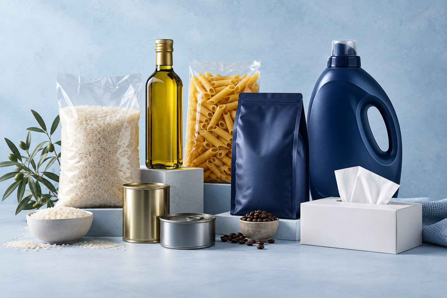 Illustrative arrangement of packaged food and household essentials